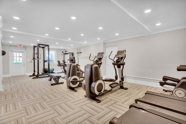 Modern gym with treadmills, elliptical machines, weight equipment, and light wood-patterned flooring.