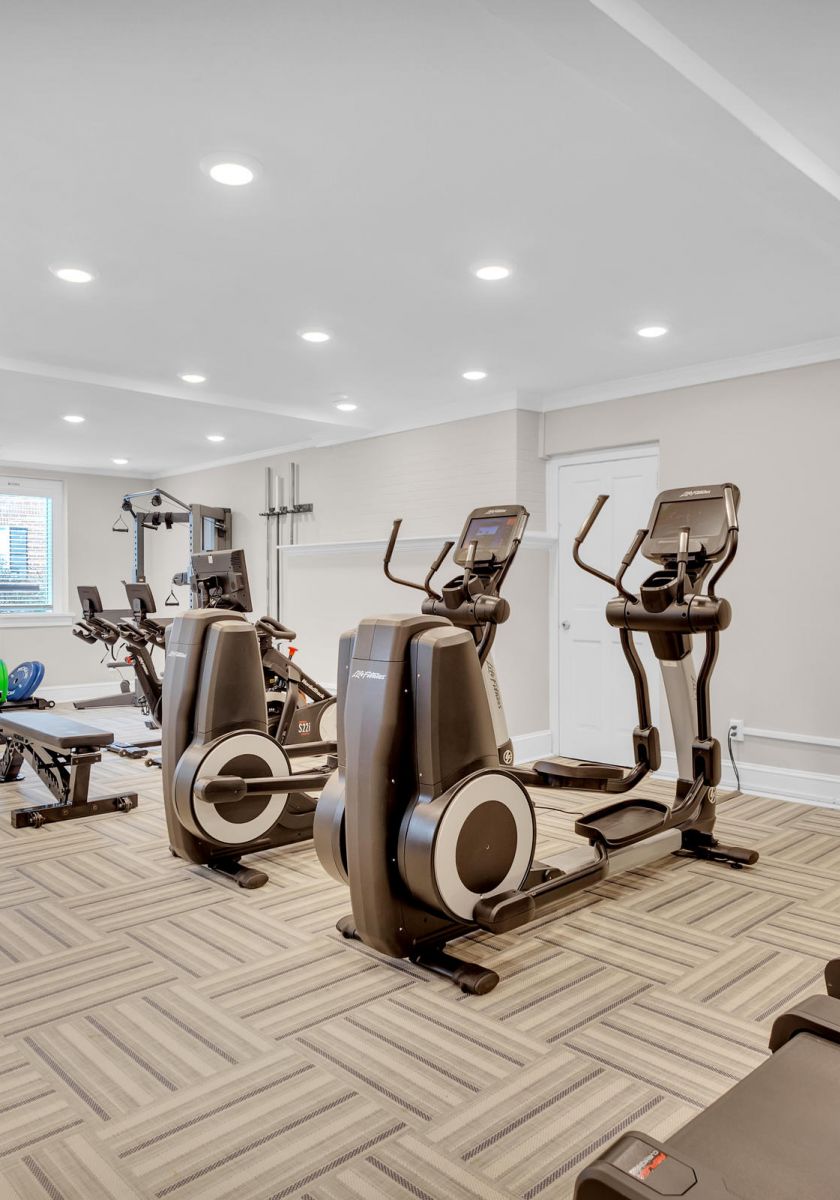 Modern gym with treadmills, elliptical machines, weight equipment, and light wood-patterned flooring.